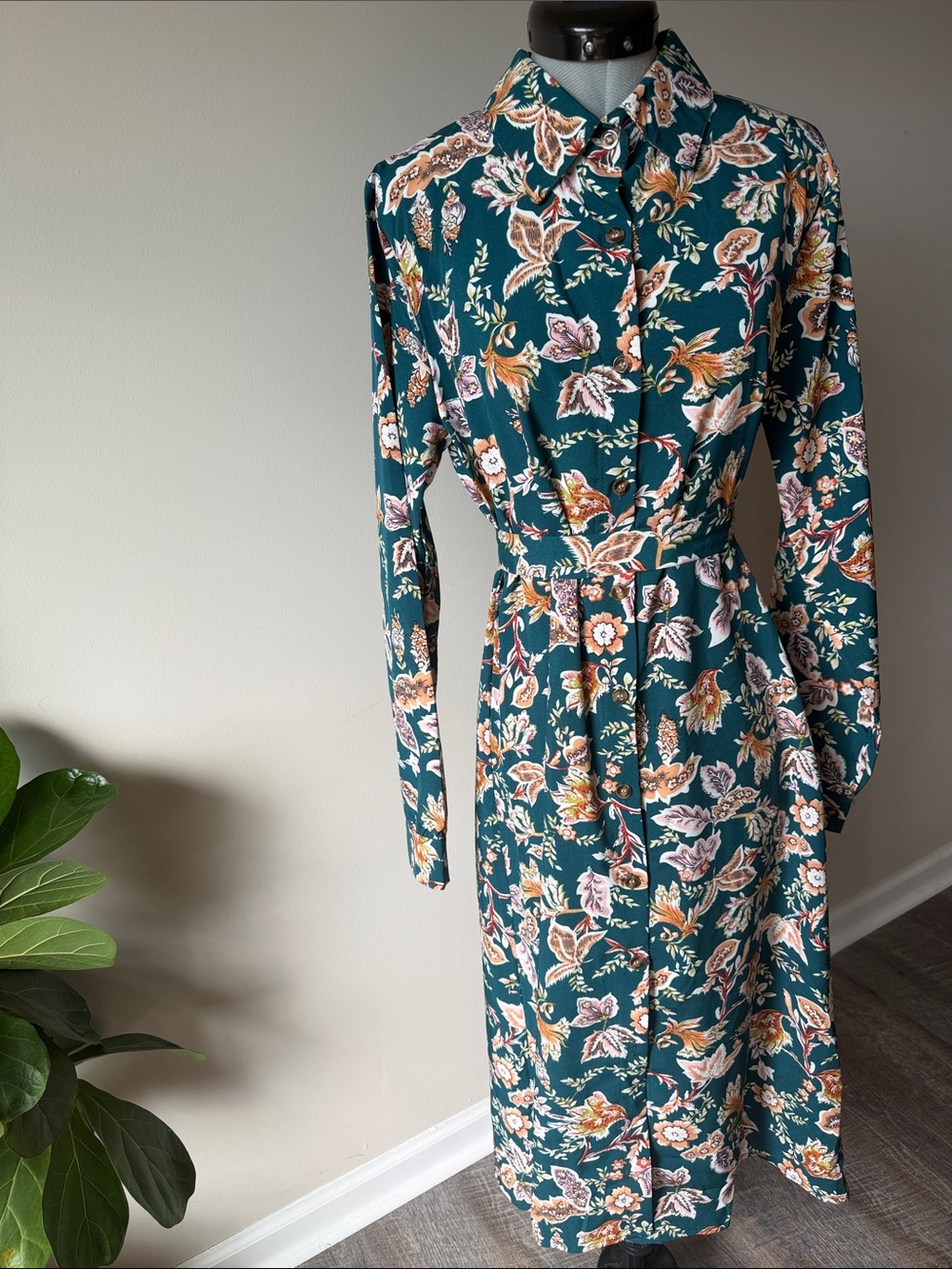 Teal Floral Long-Sleeve Shirt Dress
